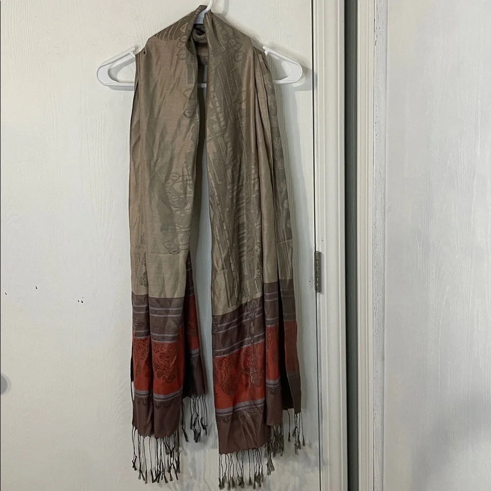 100% Silk Woven Scarf Shawl Boho Paisley Floral Pattern Brown Copper Fringe